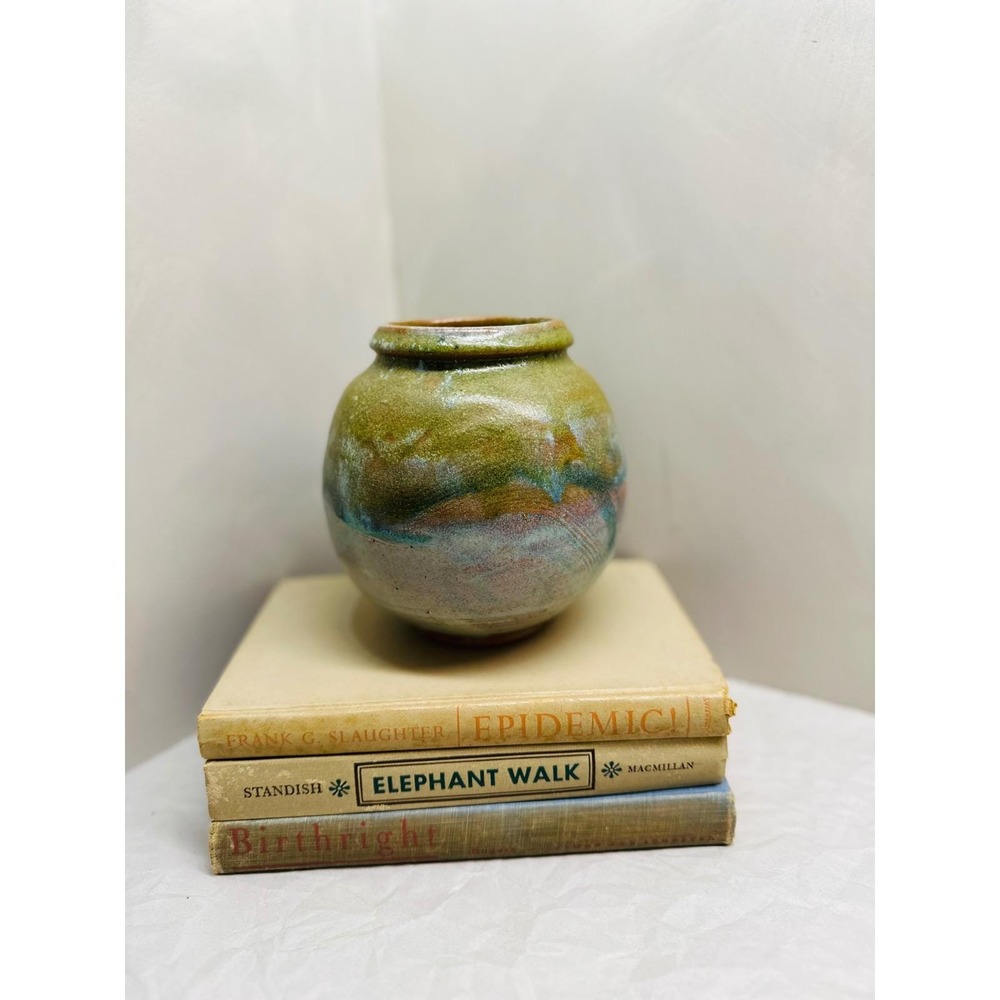Studio Pottery Hand Thrown Glazed Vase Earthy Green Blue Brown Round Vessel 5.75